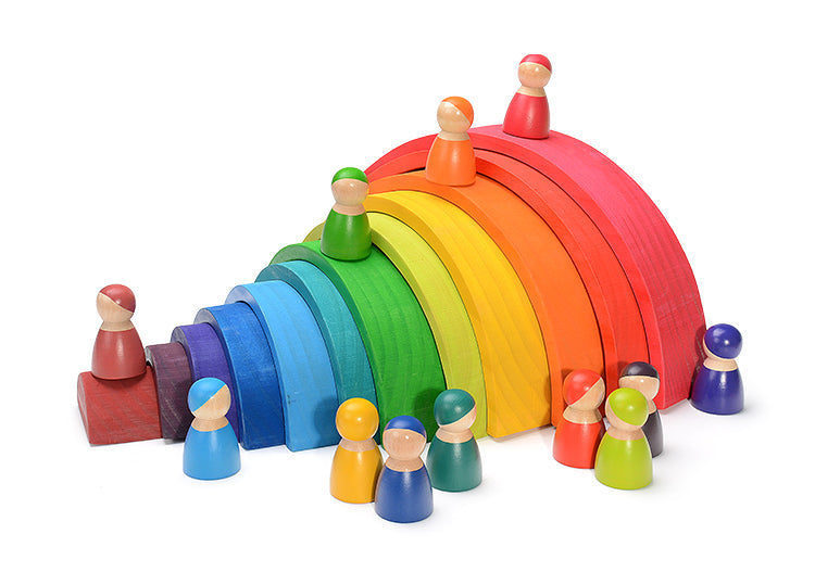 **Pre-order (Ships in 1-2 Weeks)**12-Piece Rainbow Wooden Peg Dolls – Primary Color