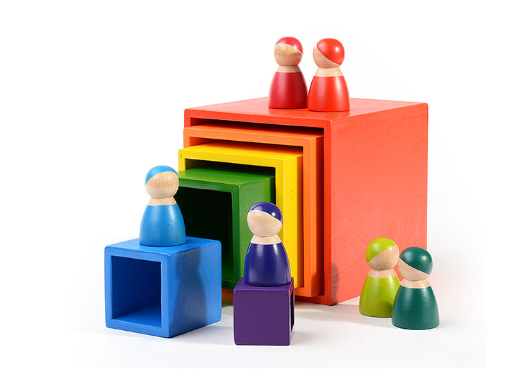 **Pre-order (Ships in 1-2 Weeks)**12-Piece Rainbow Wooden Peg Dolls – Primary Color
