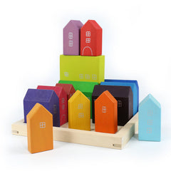 15-Piece Stained Little Village Wooden House Building Blocks Set