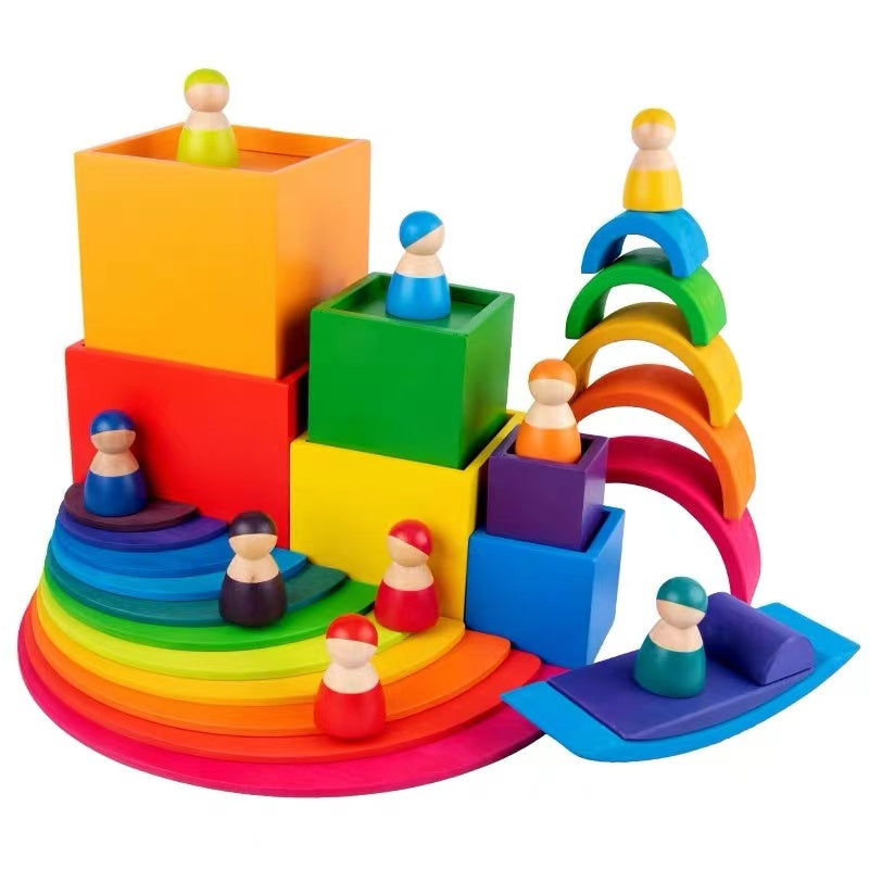**Pre-order (Ships in 1-2 Weeks)**12-Piece Rainbow Wooden Peg Dolls – Primary Color