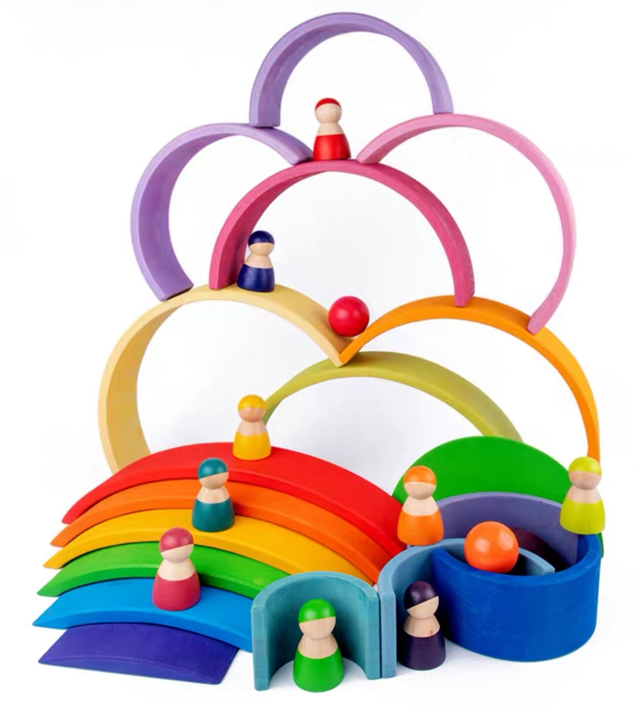 **Pre-order (Ships in 1-2 Weeks)**12-Piece Rainbow Wooden Peg Dolls – Primary Color