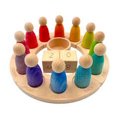 Wooden Perpetual Calendar with 12 Rainbow Peg Figures