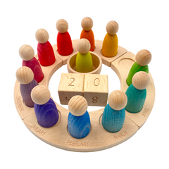 Wooden Perpetual Calendar with 12 Rainbow Peg Figures