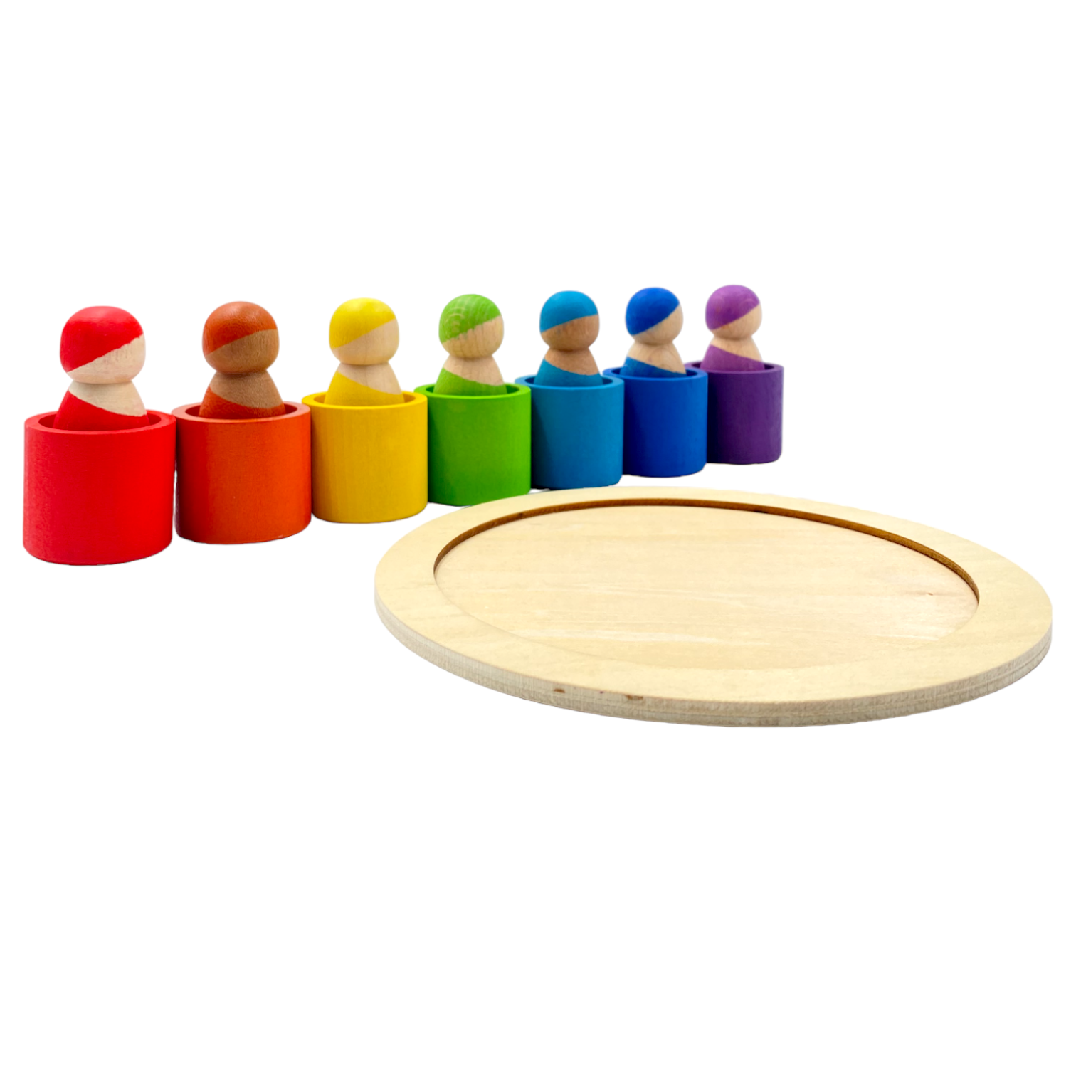 7-Piece “Skin Stones” Stained Rainbow Wooden Peg Dolls in Matching Bowls