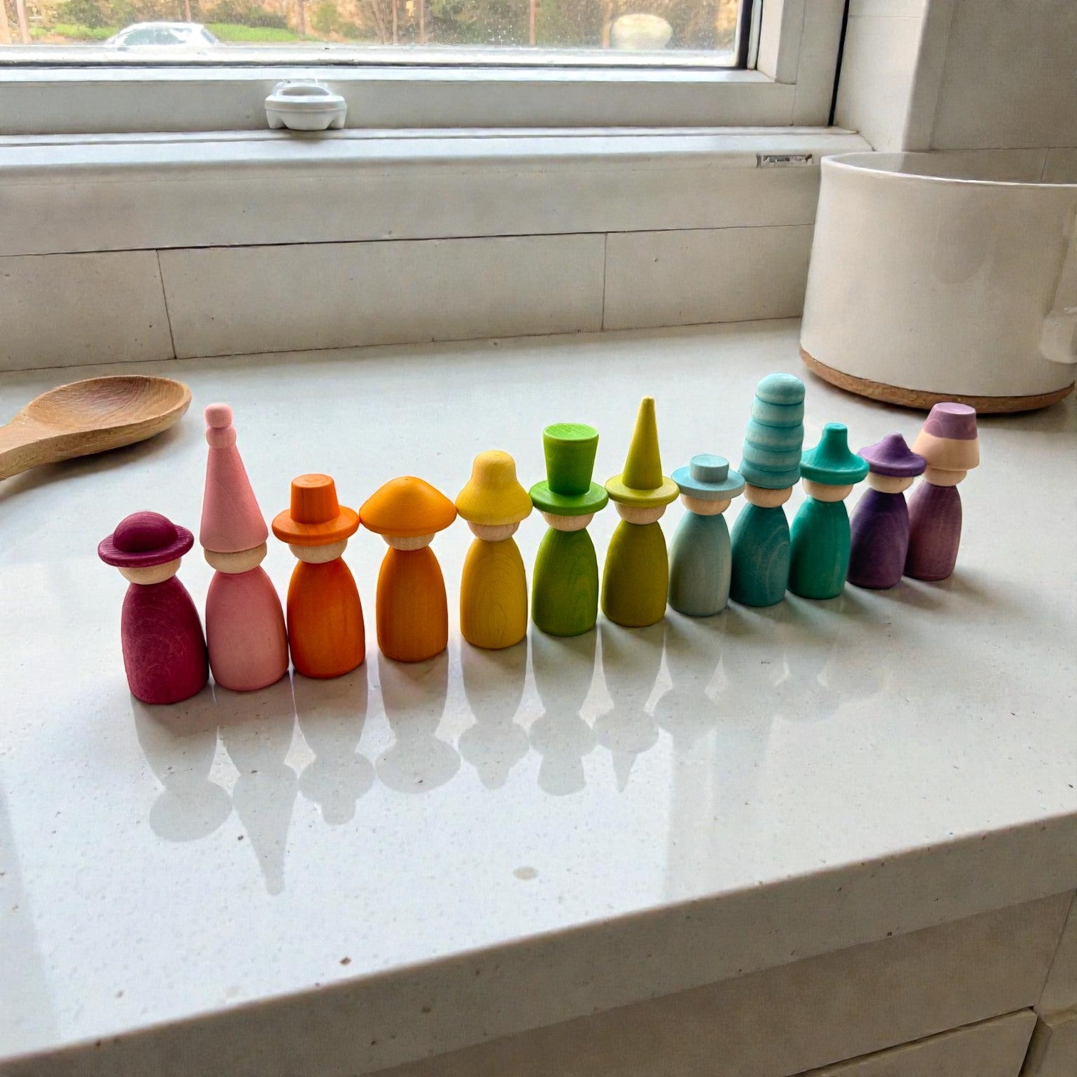 **Pre-order (Ships in 2-3 Weeks)**12 Piece Pastel Macaron Wooden Peg Dolls with Interchangeable Hats Open Ended Play Figures