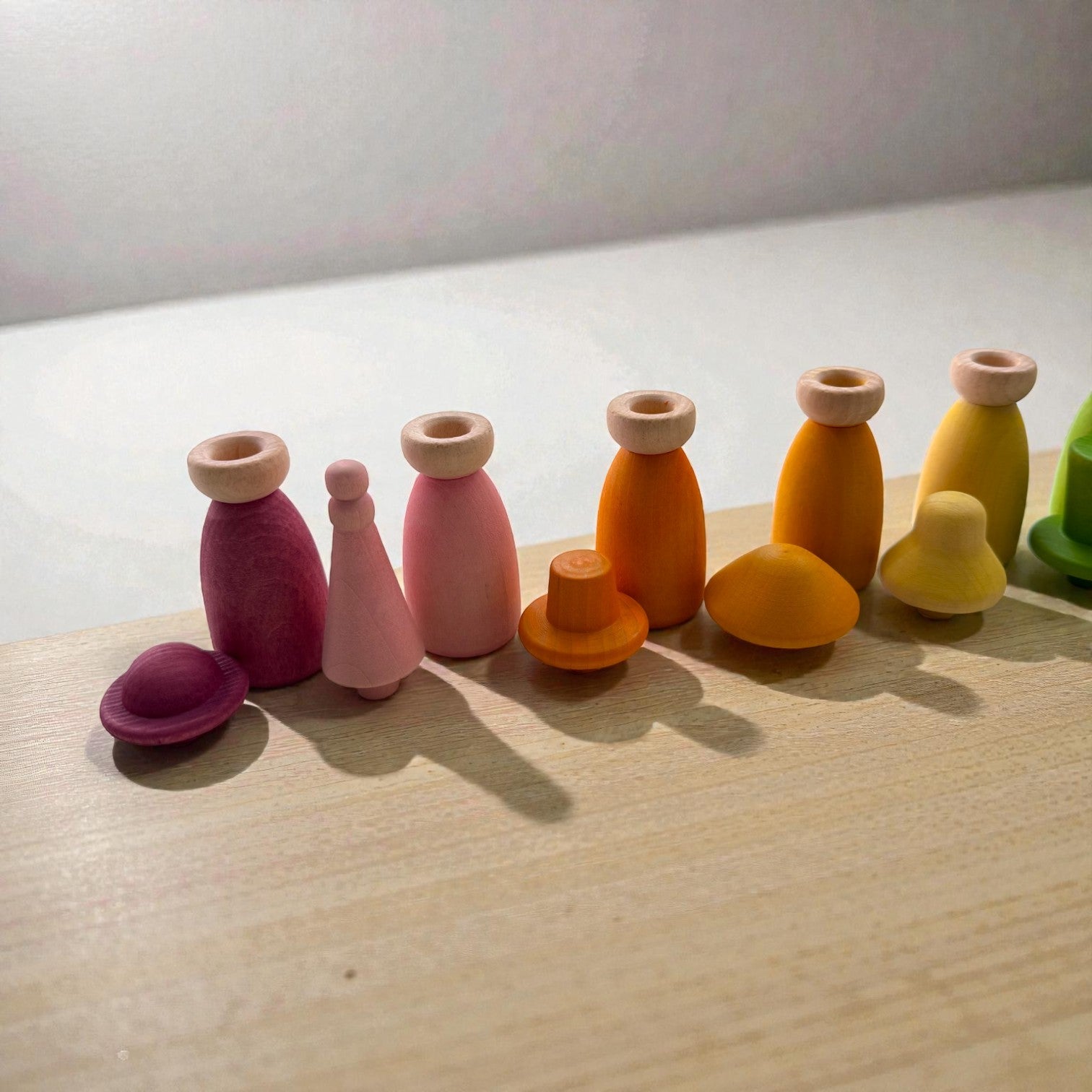 **Pre-order (Ships in 2-3 Weeks)**12 Piece Pastel Macaron Wooden Peg Dolls with Interchangeable Hats Open Ended Play Figures