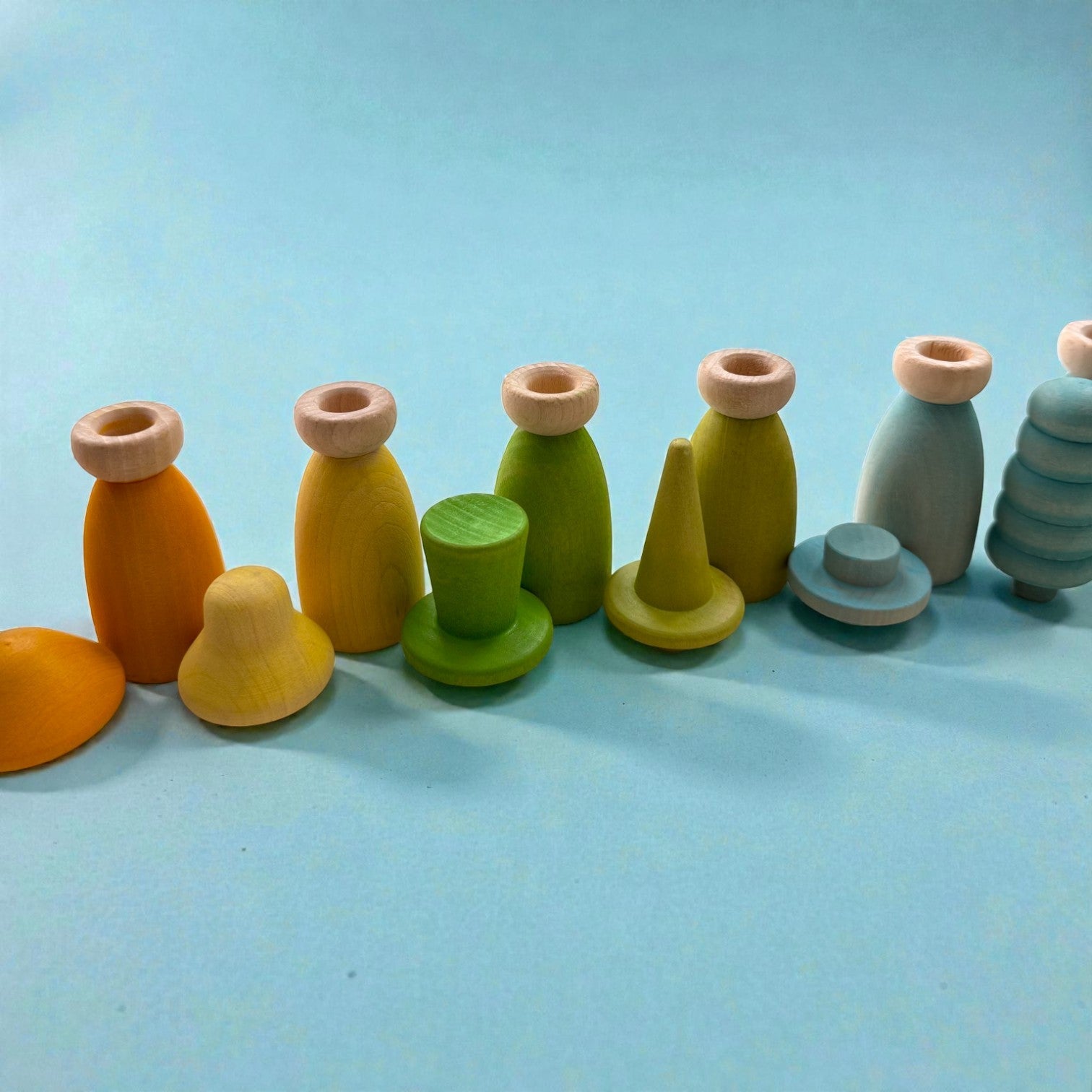 **Pre-order (Ships in 2-3 Weeks)**12 Piece Pastel Macaron Wooden Peg Dolls with Interchangeable Hats Open Ended Play Figures