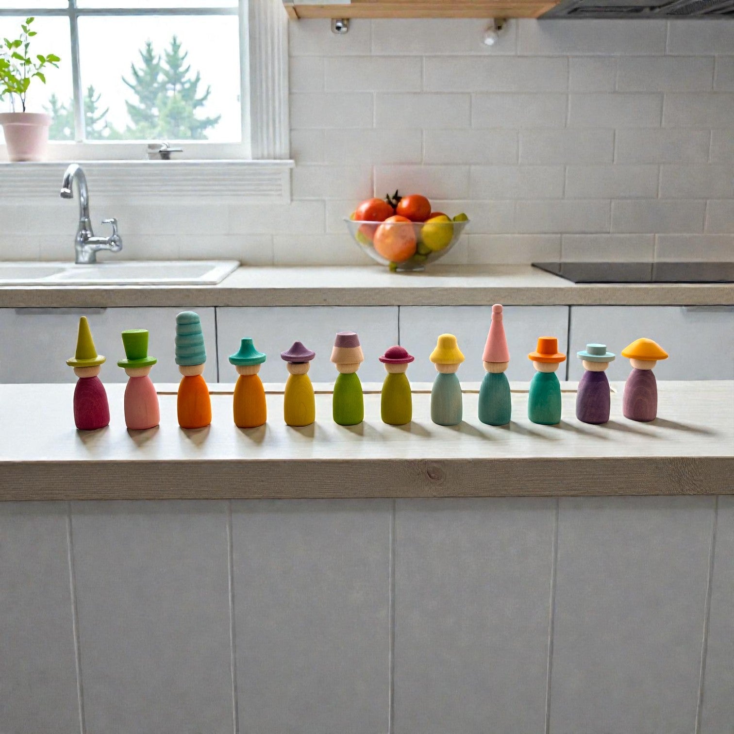 **Pre-order (Ships in 2-3 Weeks)**12 Piece Pastel Macaron Wooden Peg Dolls with Interchangeable Hats Open Ended Play Figures