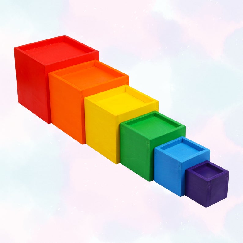 **Pre-order (Ships in 2-3 Weeks)**6-Piece Primary Color Rainbow Wooden Nesting Box Set