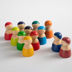 **Pre-order (Ships in 1-2 Weeks)**12-Piece Rainbow Wooden Peg Dolls – Primary Color