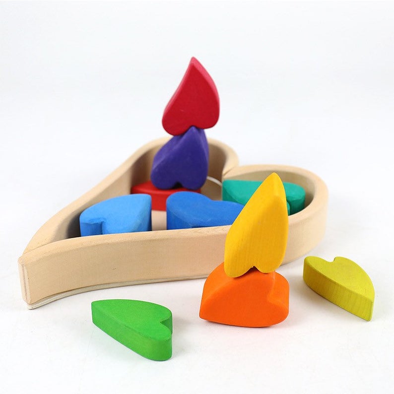 10-Piece Stained Wooden Rainbow Heart Stacking Puzzle Blocks