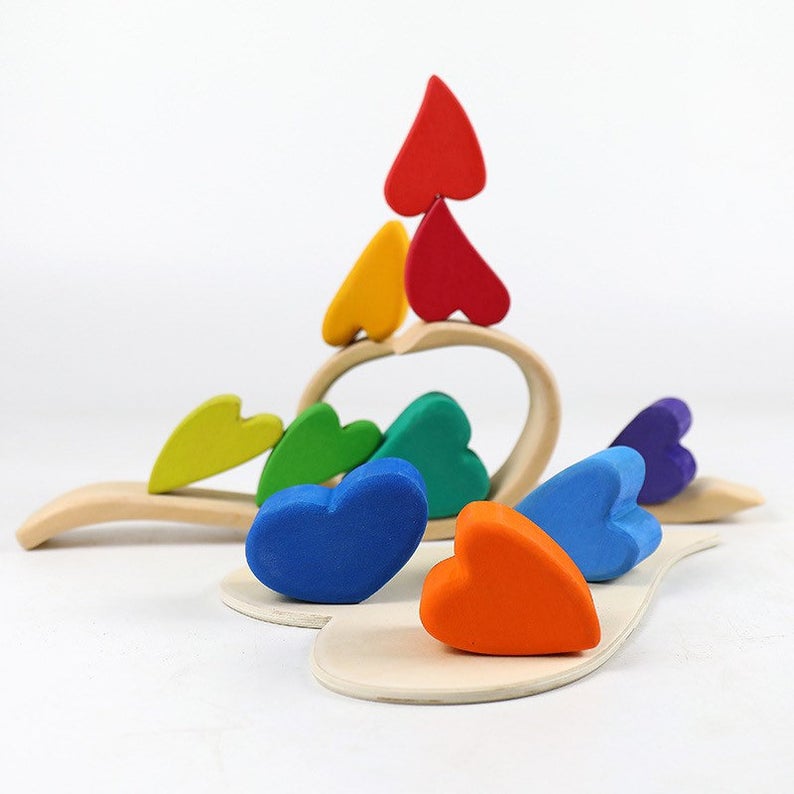 10-Piece Stained Wooden Rainbow Heart Stacking Puzzle Blocks