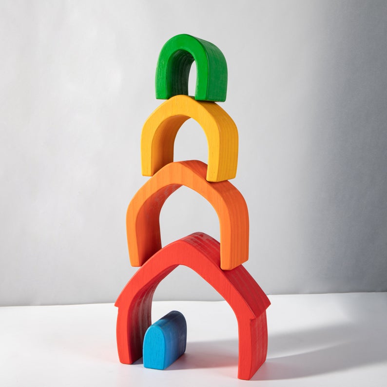 **Pre-order (Ships in 2-3 Weeks)**5 Pcs STAINED Rainbow Wooden Stacking House