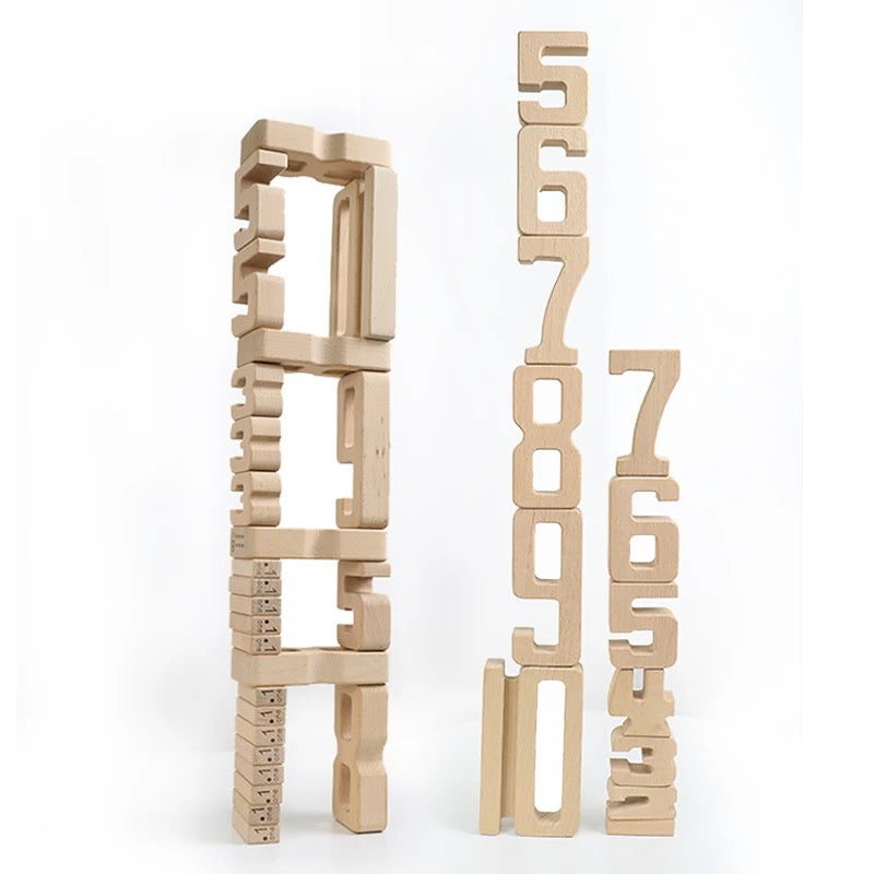 32 Pcs Wooden Math Number Building Blocks Set with Tray