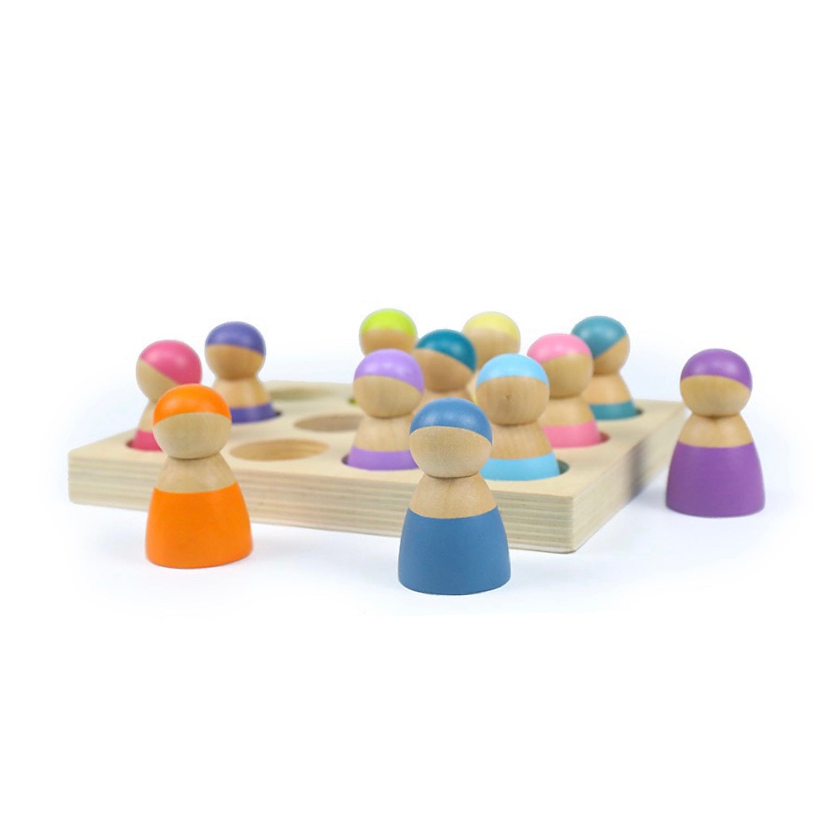 **Pre-order (Ships in 2-3 Weeks)**12-Piece Pastel Rainbow Peg Doll People with Sorting Tray – Macaron Colors