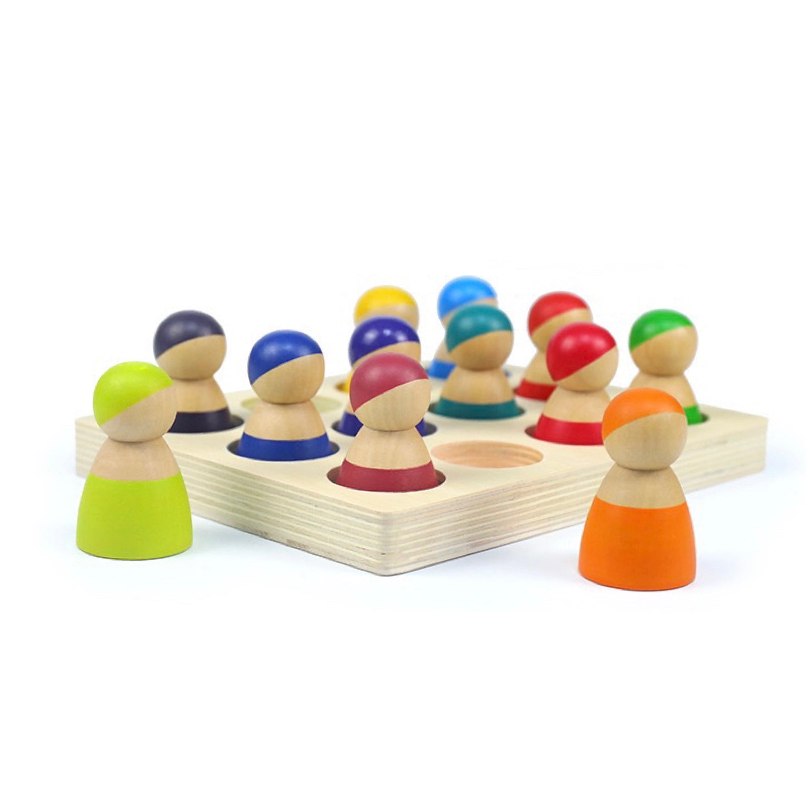 **Pre-order (Ships in 2-3 Weeks)**12-Piece Rainbow Peg Doll People with Sorting Tray – Primary Colors