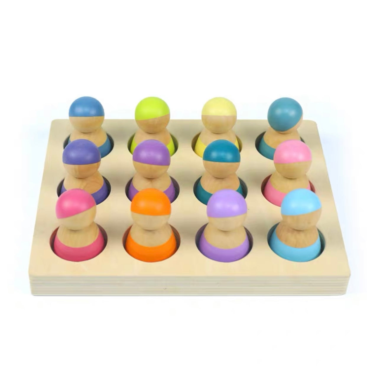 **Pre-order (Ships in 2-3 Weeks)**12-Piece Pastel Rainbow Peg Doll People with Sorting Tray – Macaron Colors