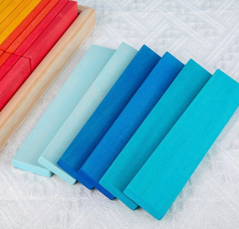 **Pre-order (Ships in 2-3 Weeks)**64 PCS STAINED Large Wooden Rainbow Building Slats with Storage Tray